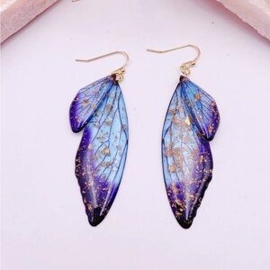 Gold Foil Blue Cicada Wing‎ Earrings